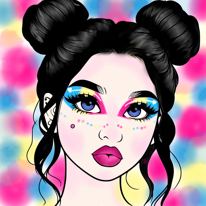 realistic girl with two buns on her hair and lips