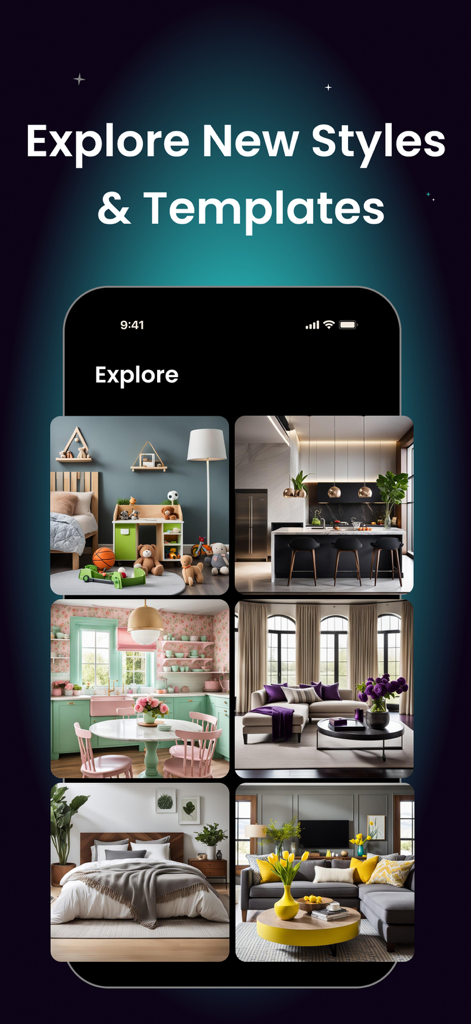 App interface showing various interior design styles and templates