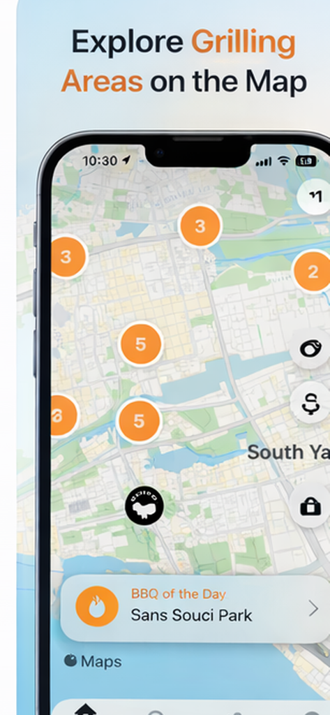 Grill Seeker - A smartphone screen showing the Grill Seeker app map with orange markers indicating public grilling areas and a BBQ of the day feature.