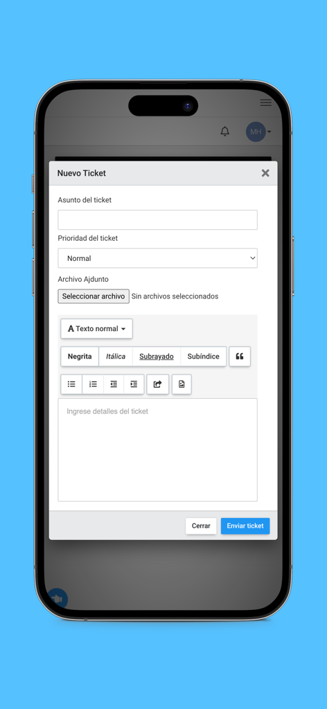 Netmas - Screen of the Netmas mobile app showing the interface to create a new support ticket with subject priority and description fields