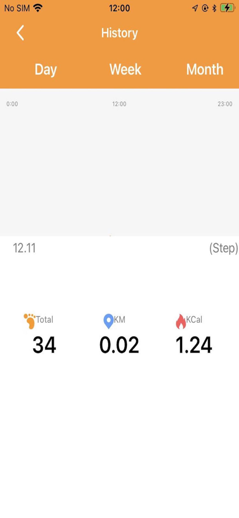 Écran de l'historique quotidien de l'application DaFit Pro Band montrant les pas, la distance et les calories