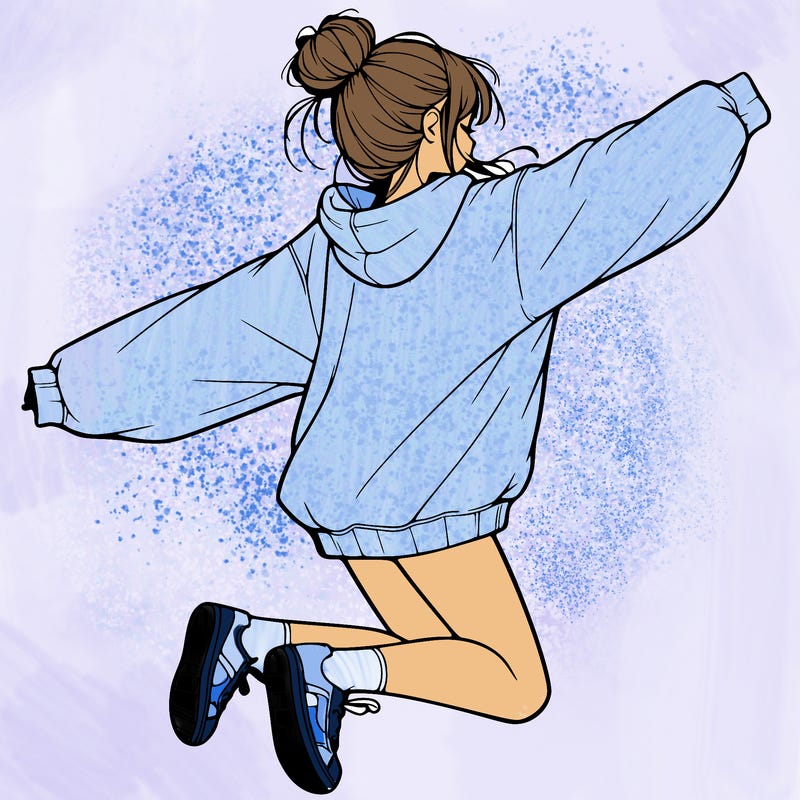 realistic girl jumping with a bun and oversized sweatshirt
