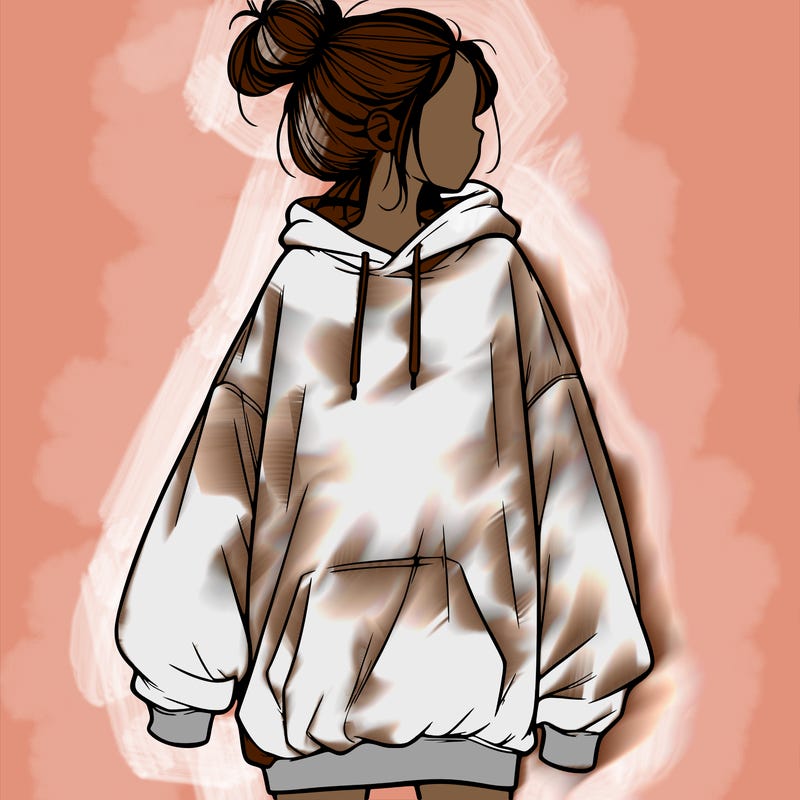 realistic girl with a oversized sweatshirt on and a bun