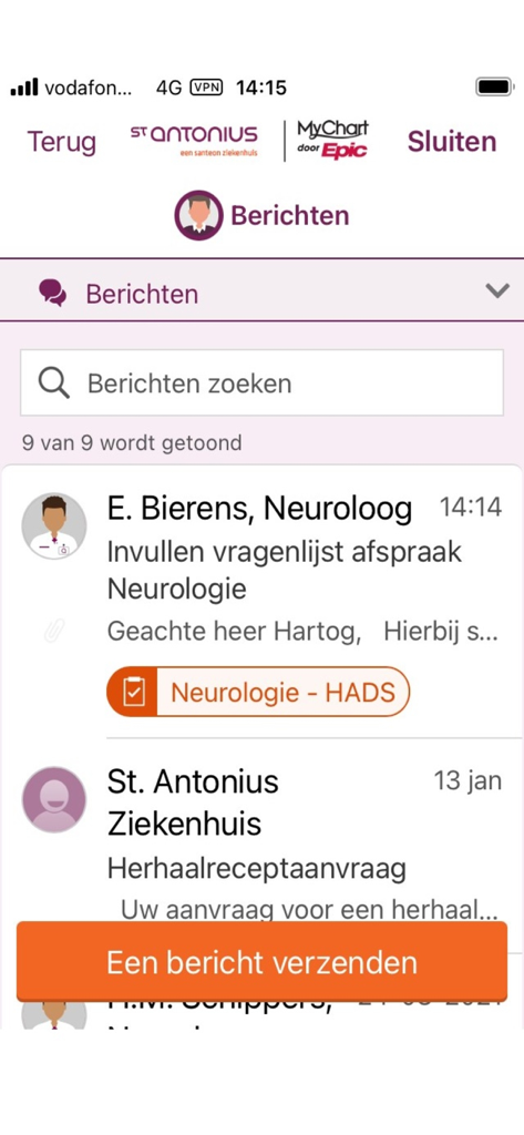 Mijn Antonius - Secure messaging interface in the Mijn Antonius patient portal app showing communications with healthcare providers.