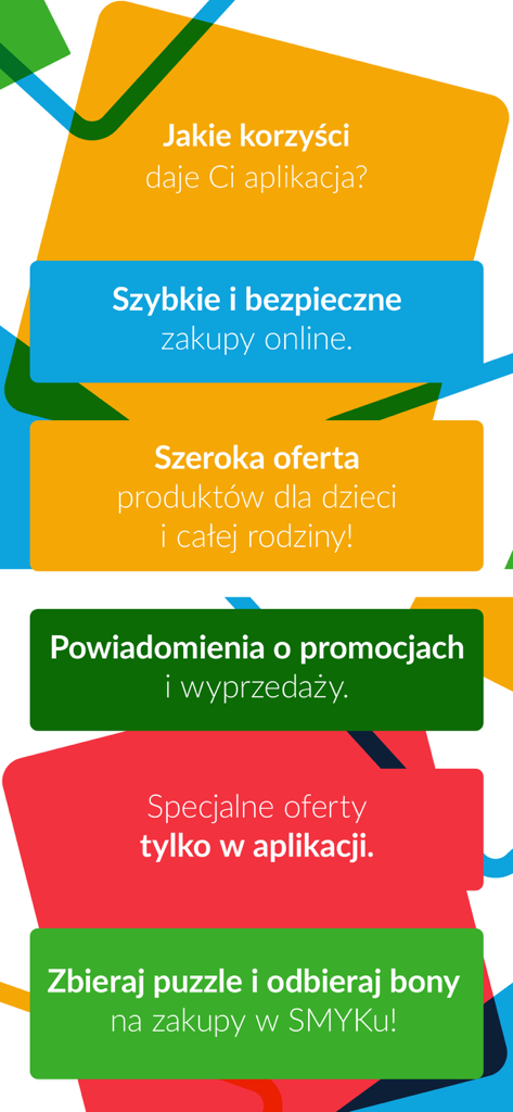 SMYK - A graphic listing the benefits of the SMYK shopping app for children and families in Polish