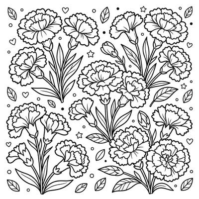 Dive into a garden of fun with this charming carnation bouquet coloring page, specially crafted for young artists. Its balanced lines and delightful floral design make it perfect for kids aged 4-8 to explore their creativity.