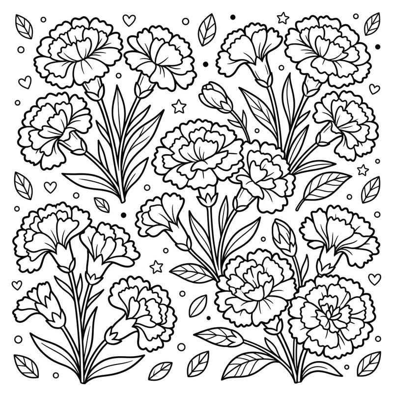 Dive into a garden of fun with this charming carnation bouquet coloring page, specially crafted for young artists. Its balanced lines and delightful floral design make it perfect for kids aged 4-8 to explore their creativity.