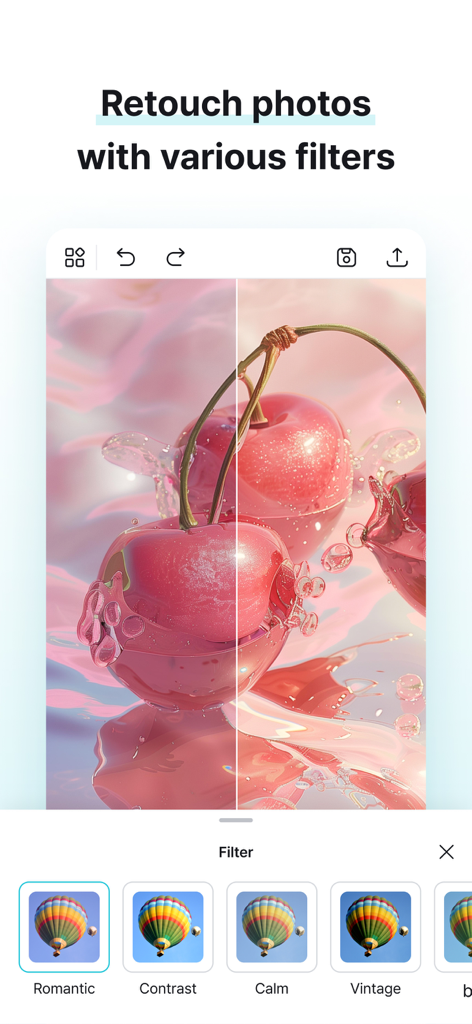 하단에 다양한 필터 옵션과 함께 필터 적용 전후 사진을 비교한 화면을 보여주는 MiriCanvas 앱 인터페이스