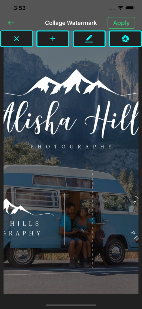 Add Watermark on Photos,Videos - Interfaccia di un'app mobile che mostra un collage di foto con filigrana personalizzata per il brand fotografico.