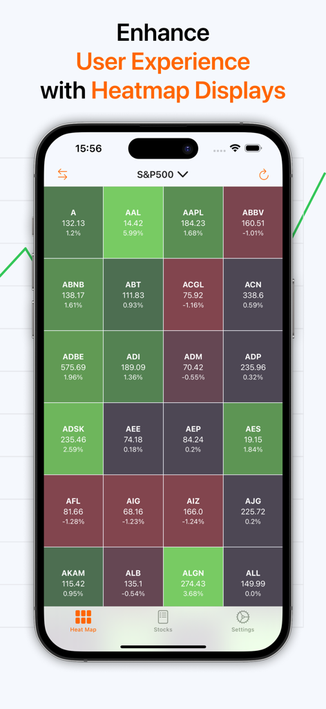 Stock+: Stock Market Heat Map - Interfaz de una aplicación móvil que muestra un mapa de calor del mercado bursátil codificado por colores para el S&P 500.