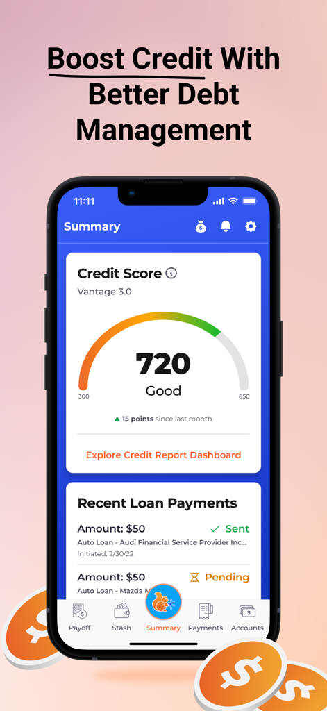 Mobile app dashboard showing a credit score of 720 and recent loan payment history