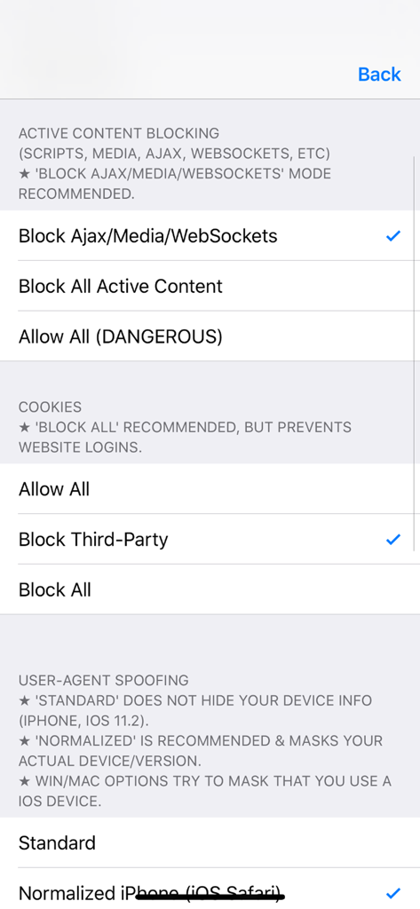 Advanced privacy and security settings in the Proxy anonymous web browser app