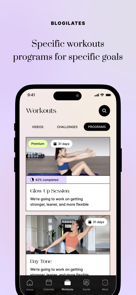 Body by Blogilates - Body by Blogilates app interface showing various workout programs and 31 day fitness challenges