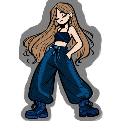 girl in baggy pants crop top and long hair