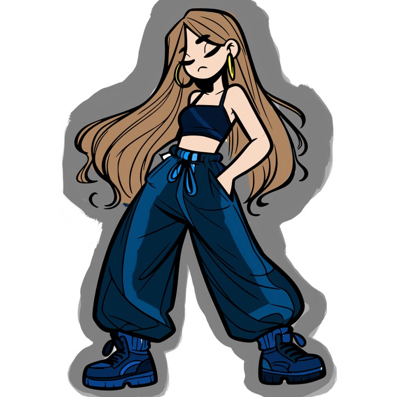 girl in baggy pants crop top and long hair