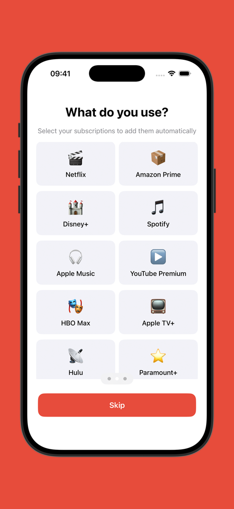 Everypay app onboarding screen showing a grid of popular subscription services to select for tracking