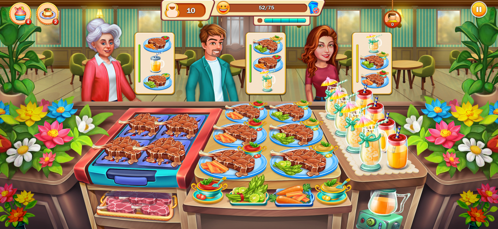 Time management cooking game screen showing grilled steaks and drinks being served to restaurant customers