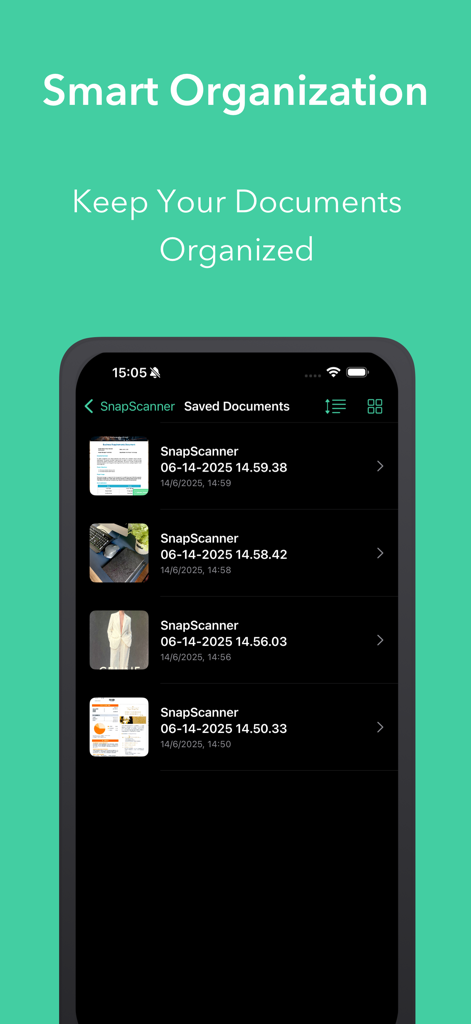 SnapScanner+ PDF, Docs & Cards - SnapScanner 앱 인터페이스, 다크 모드에서 정리된 저장된 문서 목록 표시