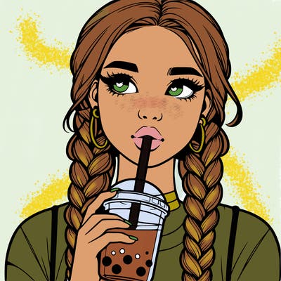 realistic girl with braided hair drinking boba