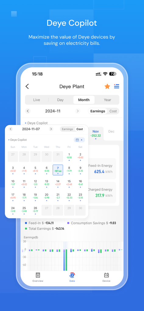 Deye Cloud app showing a monthly calendar with energy earnings and electricity cost savings