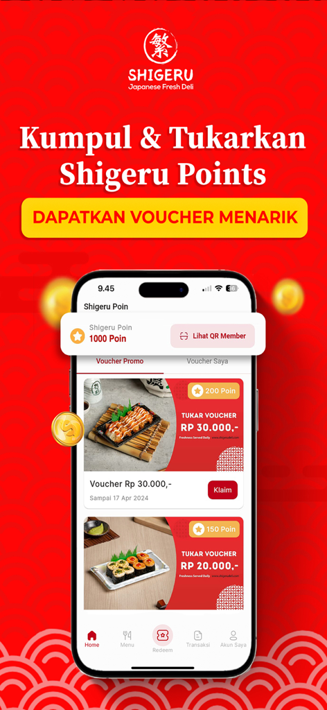 Shigeru - Shigeru Japanese Deli mobile app screen displaying loyalty points and available food vouchers.