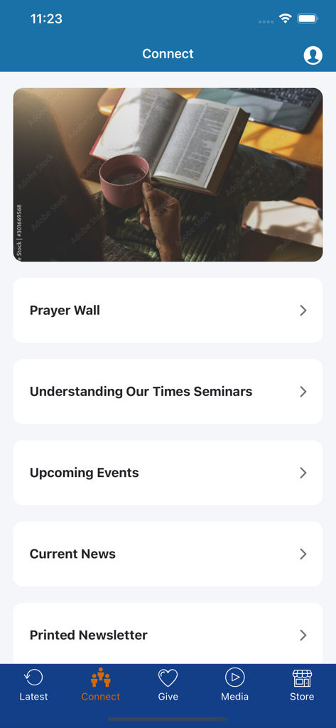 Pantalla de Conexión de la aplicación Olive Tree Ministries con opciones para Muro de Oración, Seminarios y Próximos Eventos.
