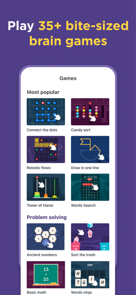 A menu of over 35 bite-sized brain games for cognitive training including memory and problem-solving puzzles