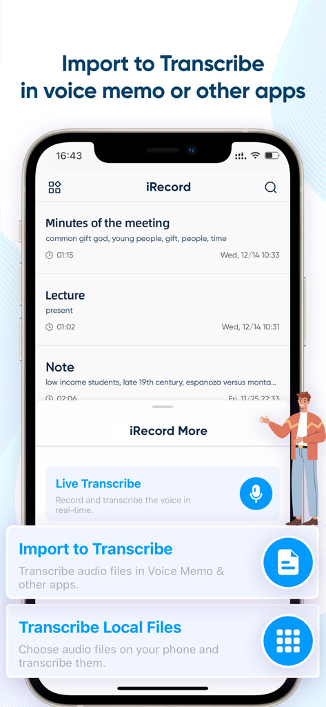 Interface for importing and transcribing voice memos in the iRecord app