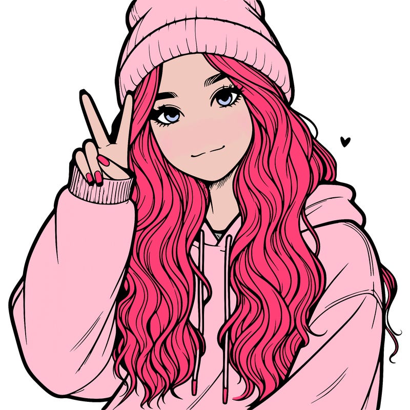 a teenage girl in a beanie, oversized sweatshirt, wavy long hair, and is showing a ✌️