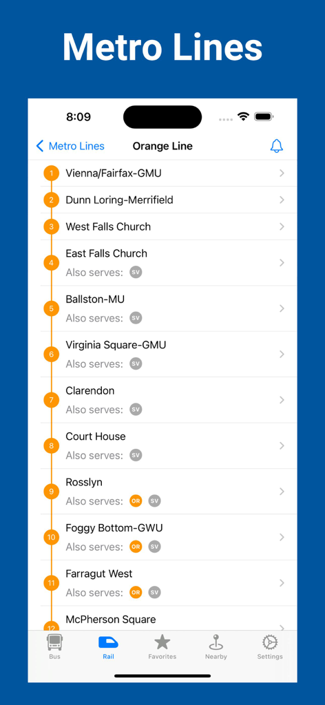 DC Metro & Bus – Schedules - DC Metro 및 Bus 앱 인터페이스 내에서 표시되는 WMATA Orange Line 역 목록