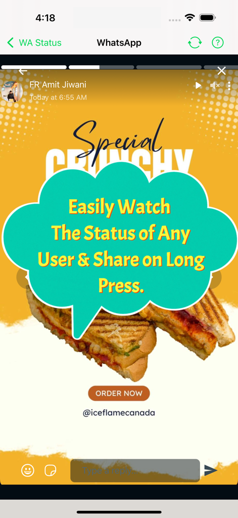 Status downloader - Interface showing how to watch and share WhatsApp status updates on long press