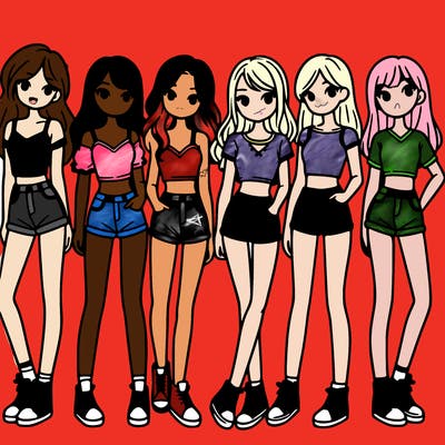 a group of girls wearing crop tops and shorts