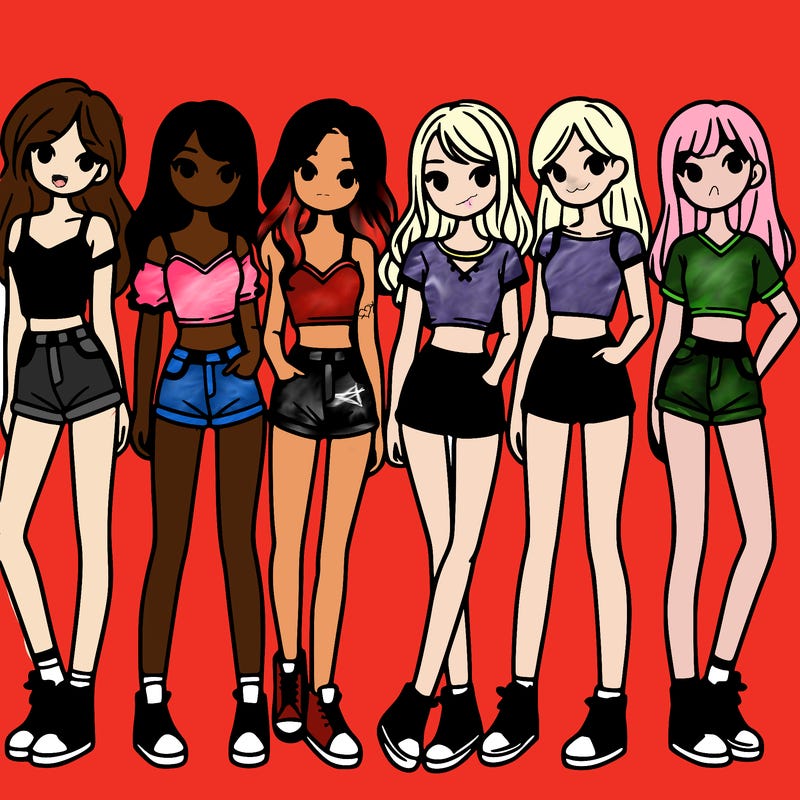 a group of girls wearing crop tops and shorts