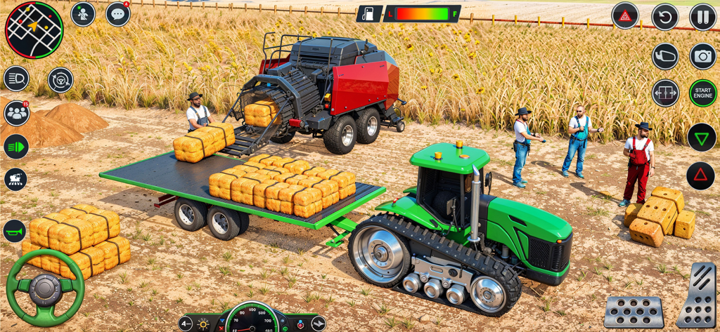 Tractor Driving Farming Games - Green crawler tractor transporting hay bales in a 3D farming simulator game