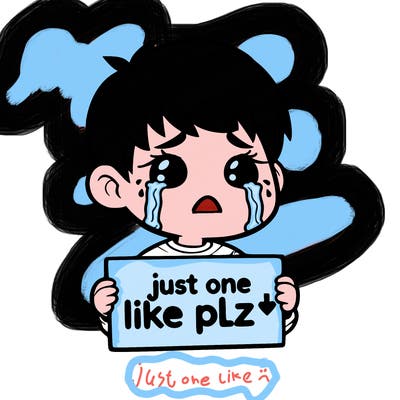 realistic crying boy with a sign saying just one like plz