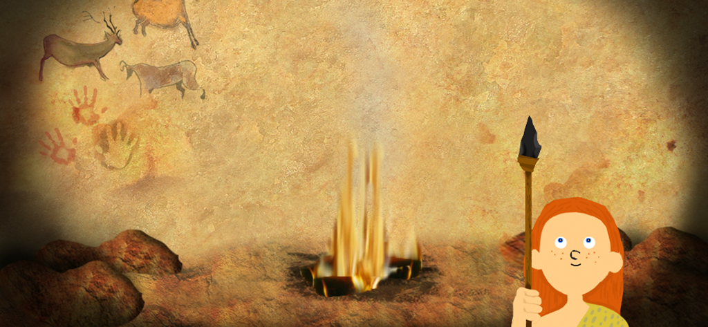 Les grandes inventions - Prähistorisches Kind, das einen Speer neben einem Lagerfeuer und Höhlenmalereien hält.