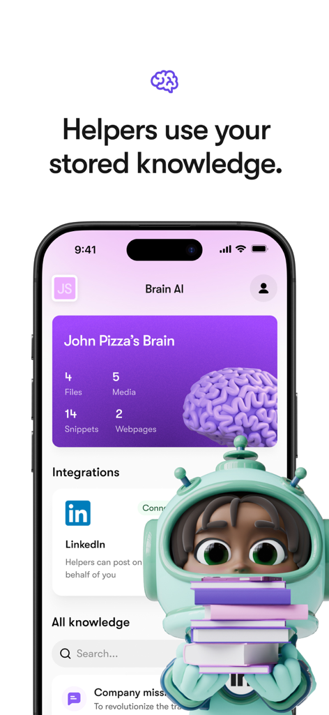 Sintra: AI Employees - Sintra app interface showing the Brain AI feature with stored business knowledge and LinkedIn integration