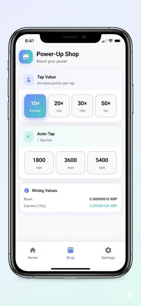 Interface da Loja de Power-Up no aplicativo XRP TapMiner mostrando o valor do toque e atualizações de toque automático.
