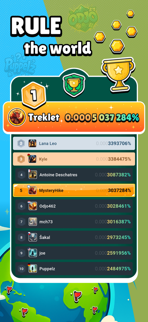 Global leaderboard screen in the MysteryHike app showing user rankings and world discovery percentages.