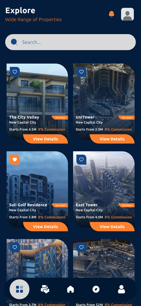 Dar | دار - La pantalla de exploración de la aplicación inmobiliaria Dar mostrando varias listas de propiedades en la Nueva Capital de Egipto con precios e imágenes.