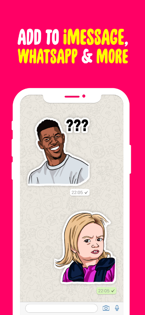 Sticker Maker + Stickers - テキスト「iMessage、WhatsAppに追加」などと表示されたチャットインターフェースのミームステッカーを示すスマートフォンの画面