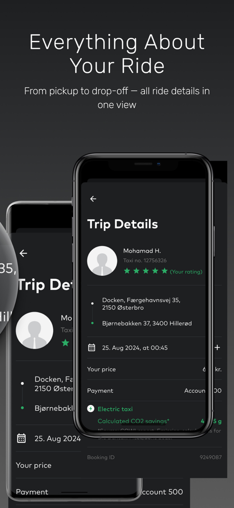 Dantaxi app trip details screen showing driver information route price and CO2 savings for an electric taxi