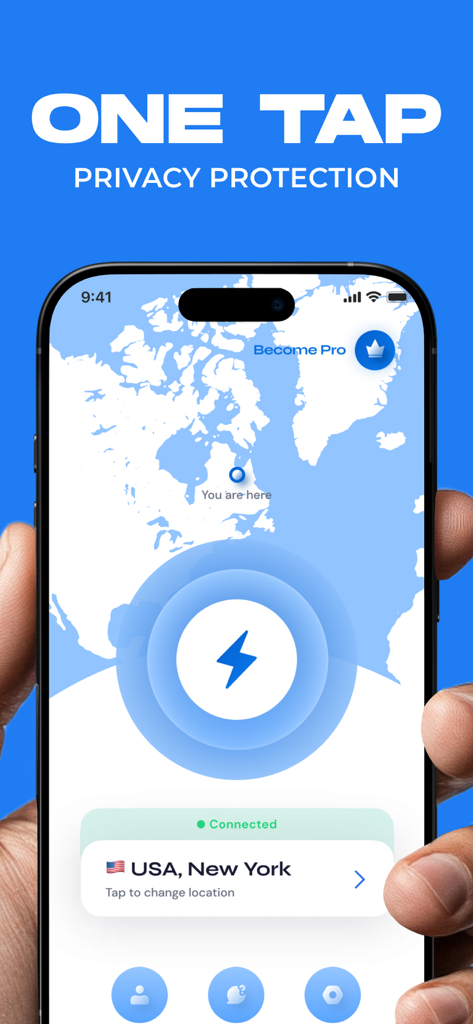 VPN Safe Net app interface showing one tap privacy protection and a successful connection to a server in New York USA