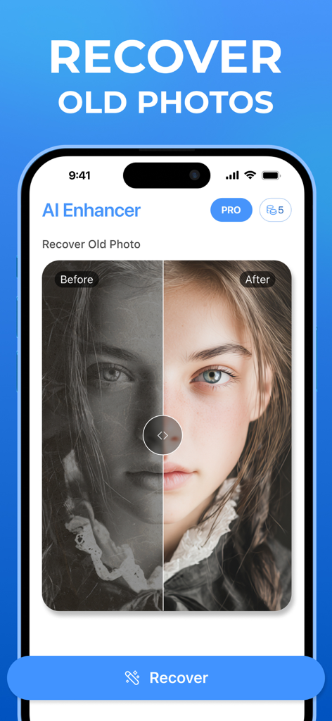 AI Photo Quality Enhancer Аpp - Comparación de antes y después de un retrato antiguo restaurado con el mejorador de calidad de fotos con IA