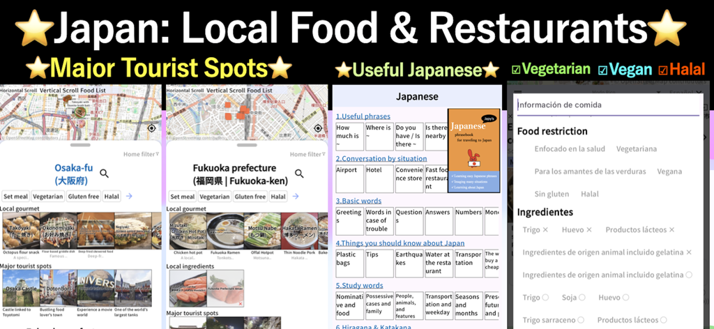 Japan Food Menu - Japan Food Menu app screens showing regional food guides for Osaka and Fukuoka along with Japanese phrases and dietary filters
