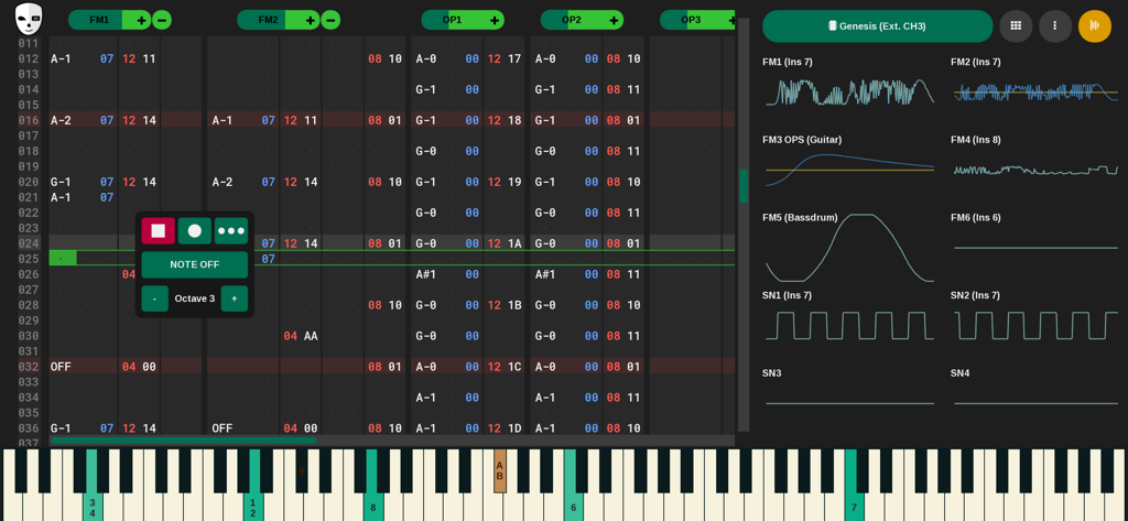 Interface of the DefleMask Mobile chiptune tracker showing a vertical music sequencer with soundwave visualizers and a piano keyboard