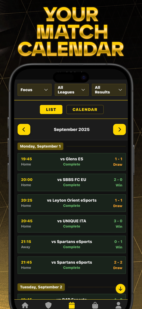 Virtual Pro Gaming - A mobile interface showing a schedule of virtual football matches and their results