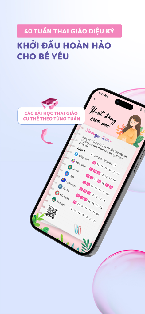 Momigo - Trợ Lý AI Của Mẹ & Bé - Interfaz de la aplicación móvil Momigo que muestra una lista de verificación semanal para educación prenatal y actividades de bienestar materno.