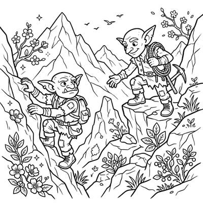 Embark on a creative journey with this delightful coloring page featuring two mountain goblins on a daring spring climb. Perfect for fantasy lovers, it blends adventure with the beauty of the blooming season.
