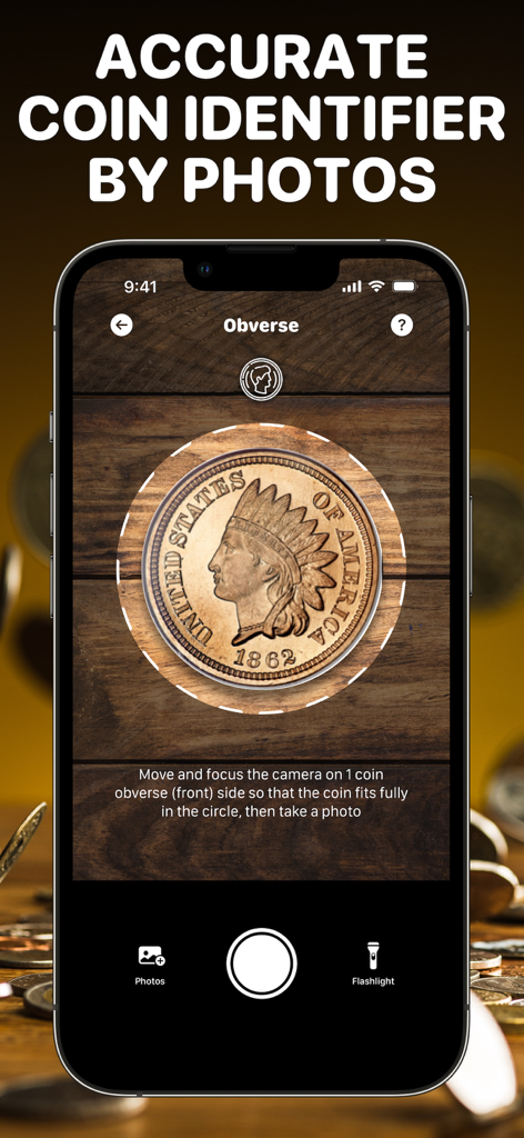 Teléfono inteligente escaneando una moneda antigua usando la interfaz de la aplicación Coin Value Checker.